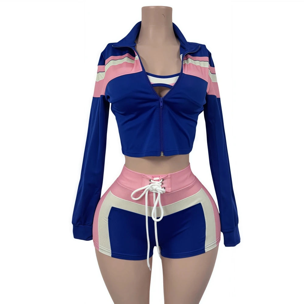 FAGADOER Sexy Sport 3 Pieces Set for Woman Color Block Long Sleeves Jacket + Tanks Top and Shorts Matching Female Beach Swimsuit