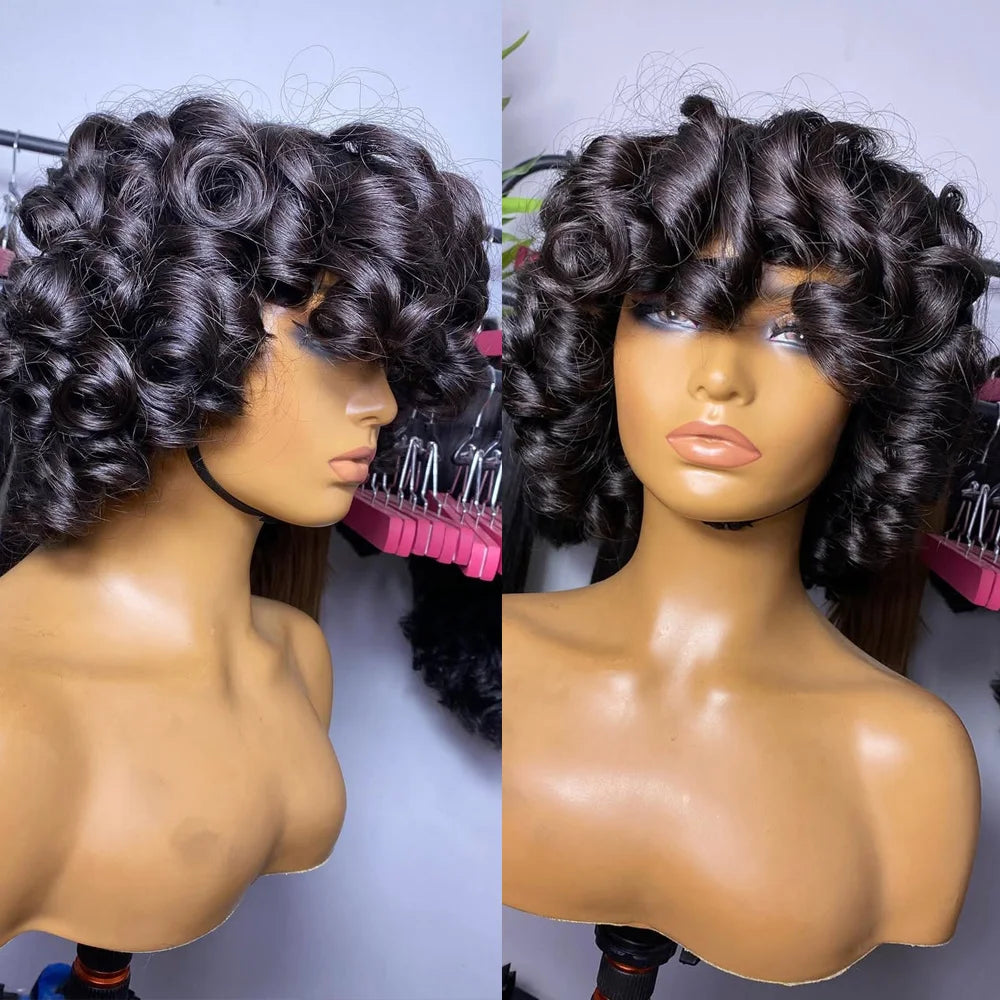 Bouncy Curly Pixie Bob Human Hair Wig With Bangs for Women