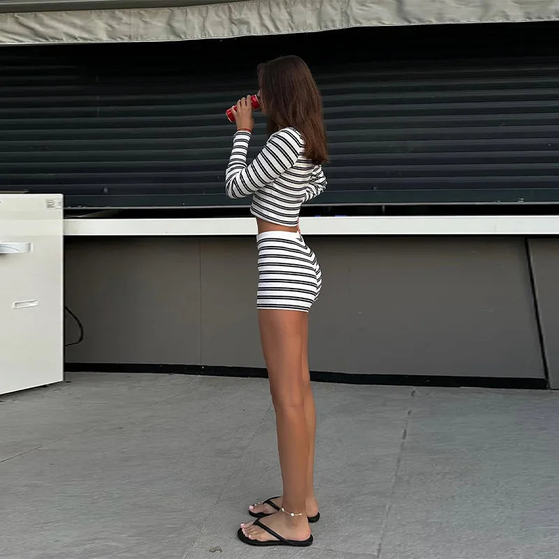 Striped Knit Top and Shorts Set with Button O Neck for Women