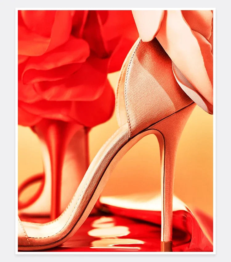 Floral Round Toe Slim Heel Party Sandals for Women