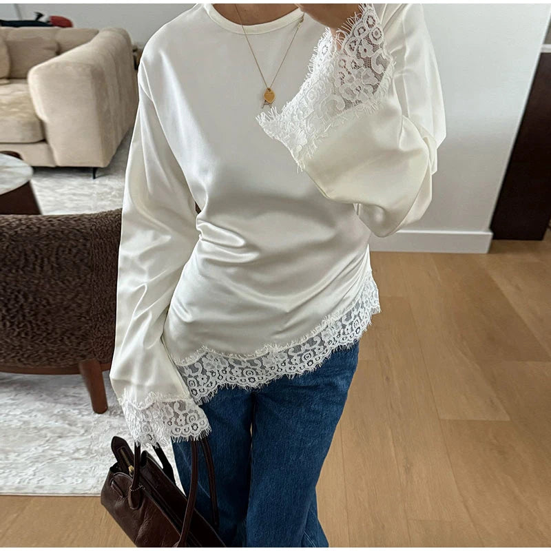 Asymmetric Lace Patchwork Loose Long Sleeve Shirt for Women