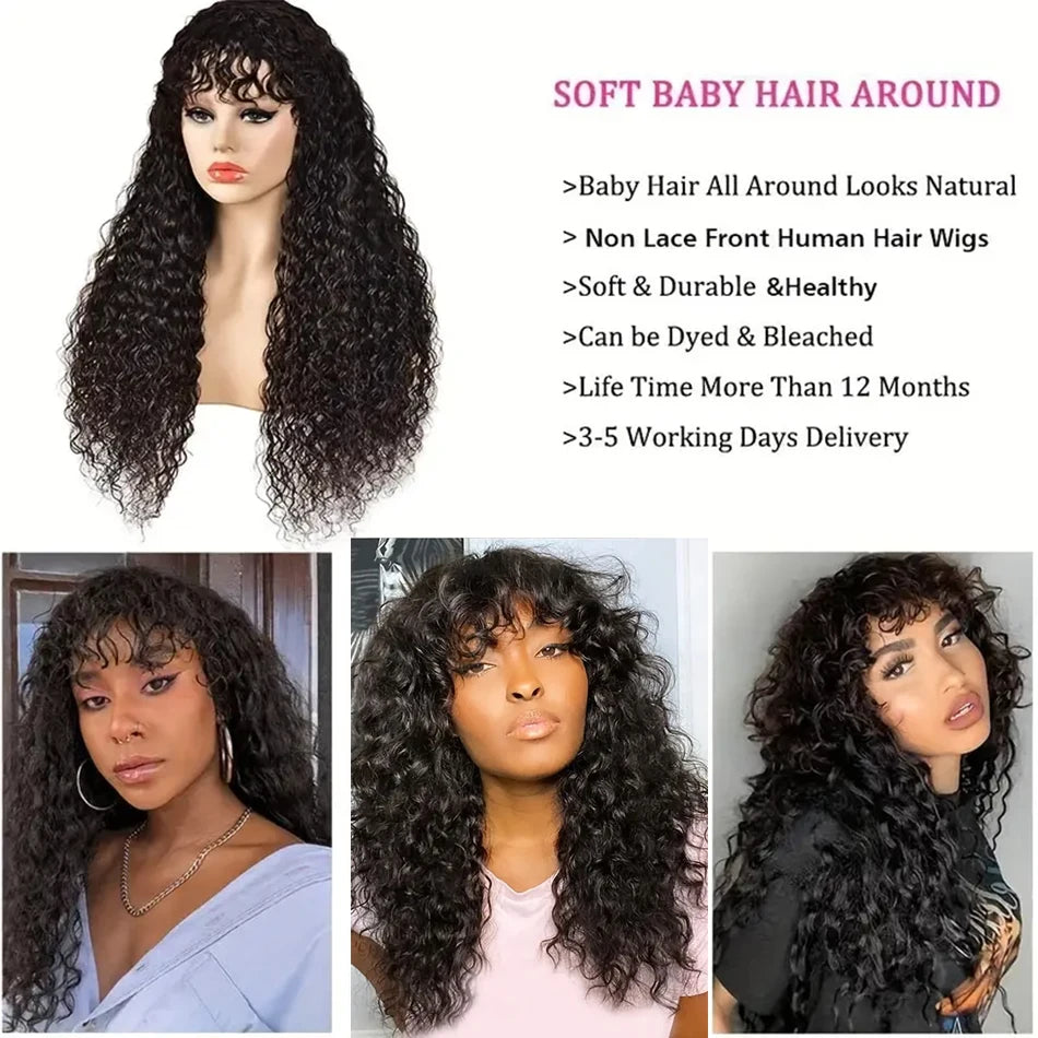 Glueless Water Wave Human Hair Wig With Bangs for Women
