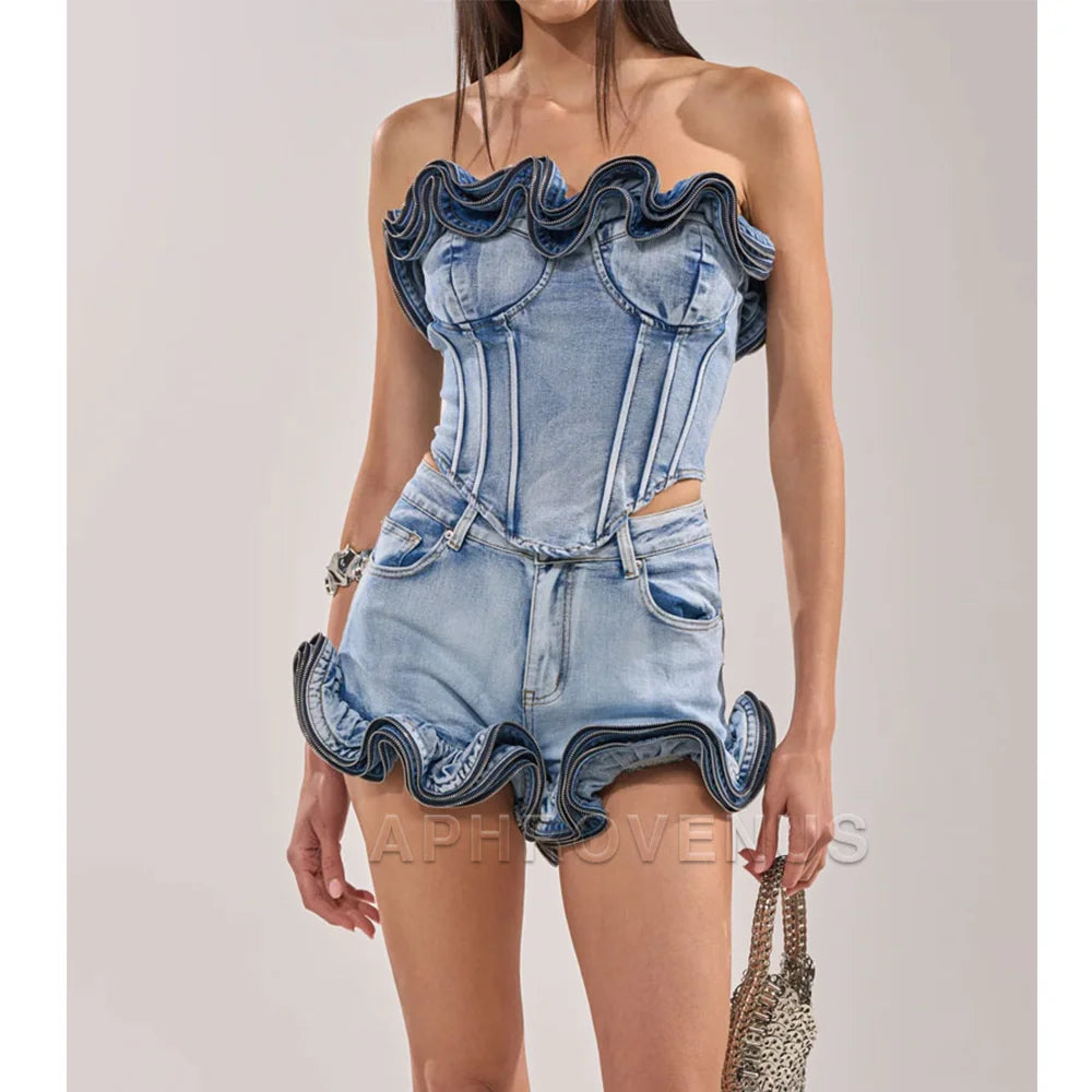 Casual High Waist Ruffle Hem Denim Shorts For Women