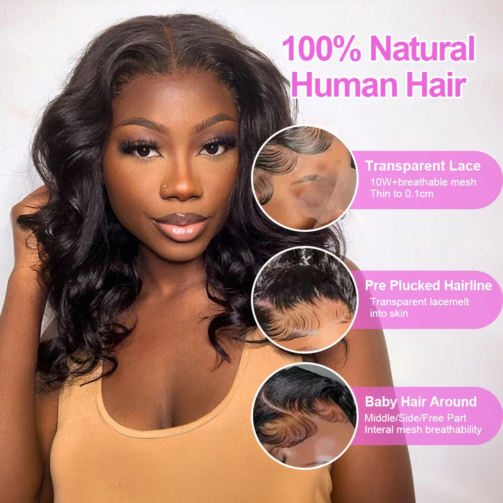 Glueless Body Wave Bob Wigs 13x6 Transparent HD Lace Frontal Wig 100% Human Hair Wig Natural Wave Short Bob Wigs For Black Women