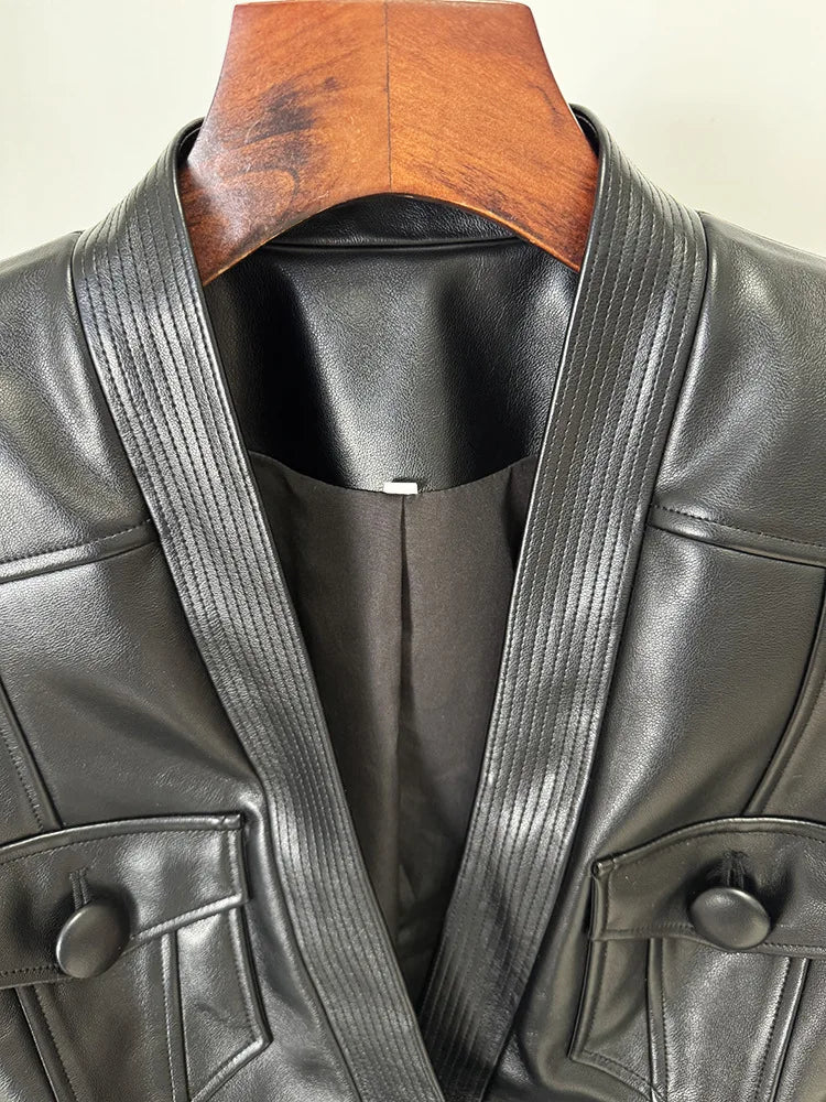 Slim Fit Faux Leather Motorcycle Jacket With Pockets for Women