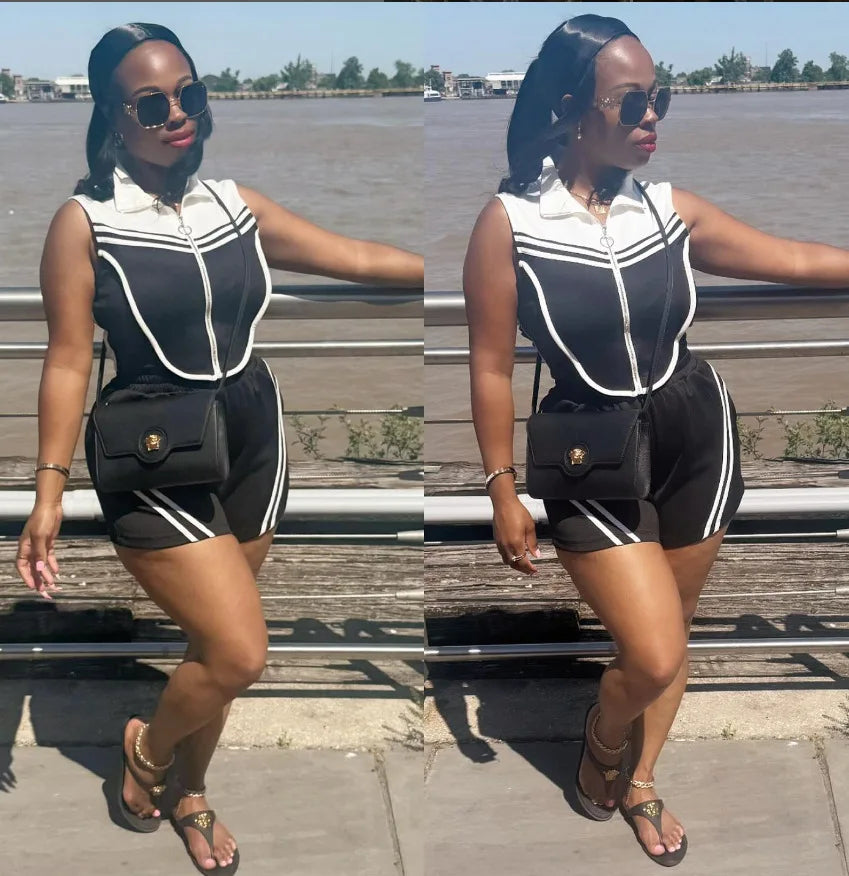 FAGADOER Casual Stripe Patchwork 2 Pieces Set for Woman Sleeveless Zipper Top and Pockets Shorts Outfits Female Sportywear New