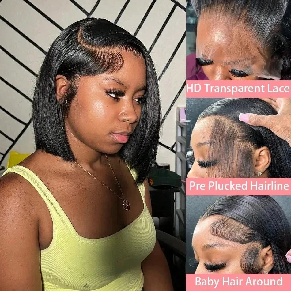 Short Bone Straight Human Hair Lace Front Bob Wig for Women