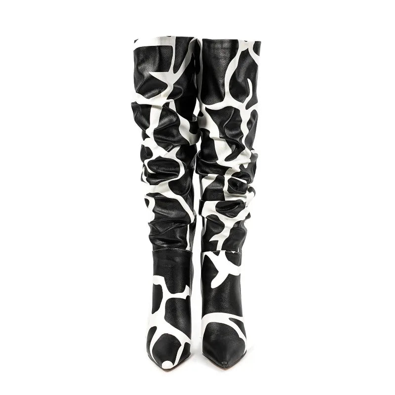Stylish Zebra Print Pleated Knee-High Boots for Women