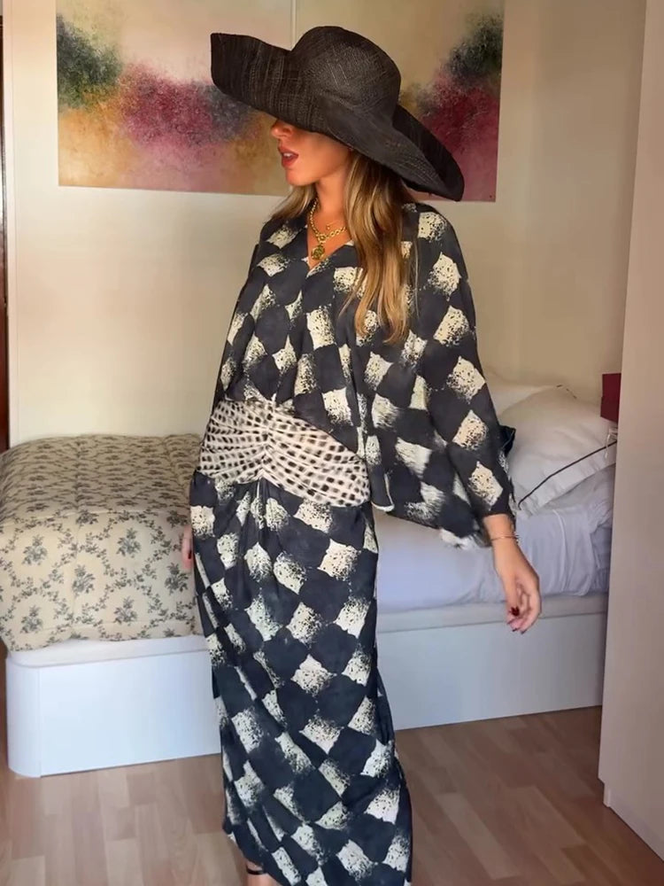 Casual Patchwork Print V Neck Maxi Dress for Women