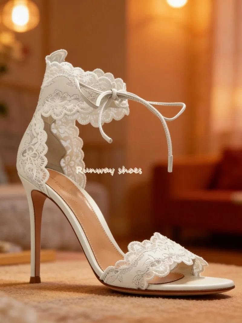 Lace Round Toe Ankle Strap White Wedding Heels for Women
