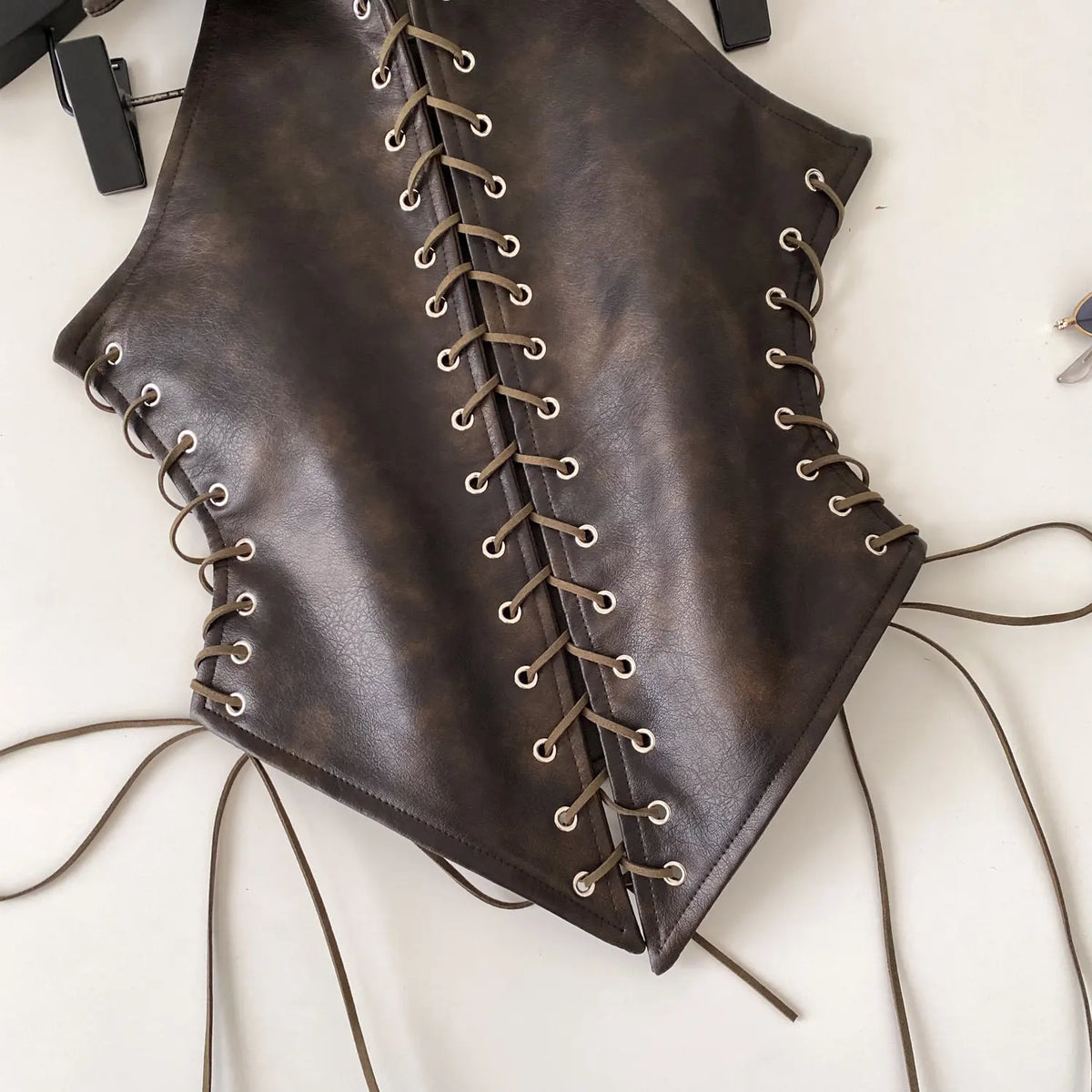 Retro Lace Up Faux Leather Sleeveless Bustier Top for Women