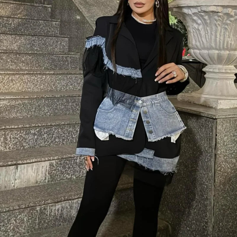 Stylish Patchwork Denim Mini Dresses Lace Deep V-neck Jacket Sexy Irregular Casual-chic Sexy Edgy Top Designers Streetwear
