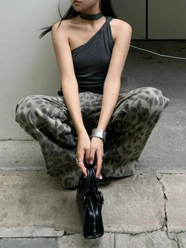 American Vintage Washed Leopard Print Wide Leg Jeans Women Stylish High Street Baggy Jeans Hip Hop Hot Girls Y2k Trousers
