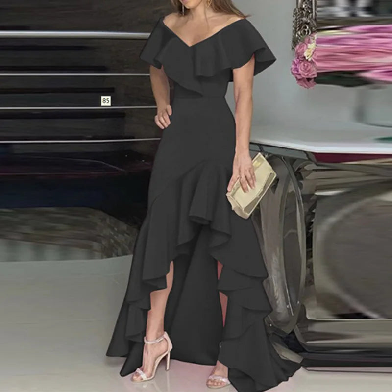 Elegant V-Neck Ruffle Hem Asymmetrical Dress European Style Women's Fashion 2026 Gown Classy Eveningwear