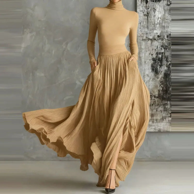 Elegant Turtleneck Pullover & Long Skirt Set Women Casual Long Sleeve Pocket Solid Skirt Outfits Fashion Draped Slim 2Pc Suits