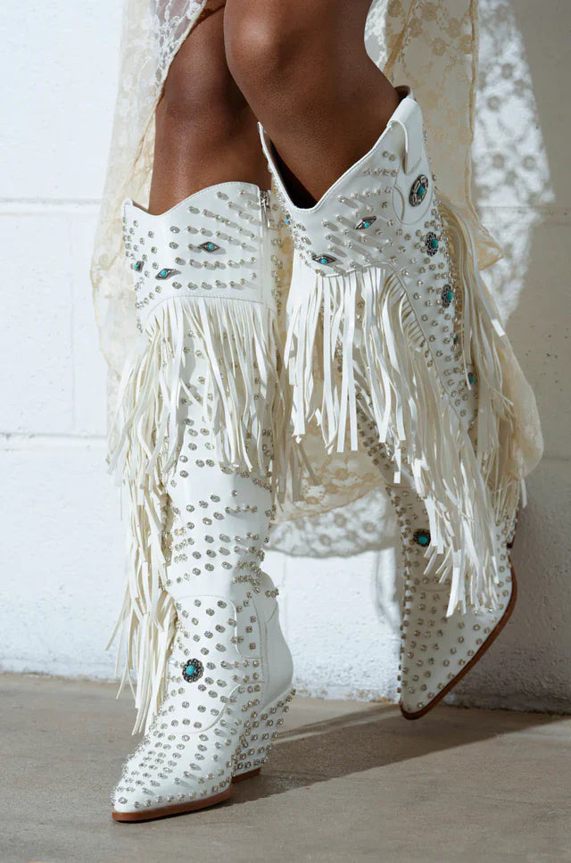 2025 Diamond Fringes Western Boots Women Sparkly Block High Heels Crystal Trim Shoes Ladies Winter Pointed Toe Knee High Boots