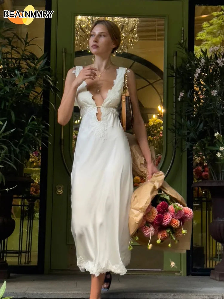 Sexy Deep V-neck Lace Patchwork Dress Women Solid Hollow-out Sleeveless High Waist Slim Maxi Dresses 2025 New Lady Party Robe