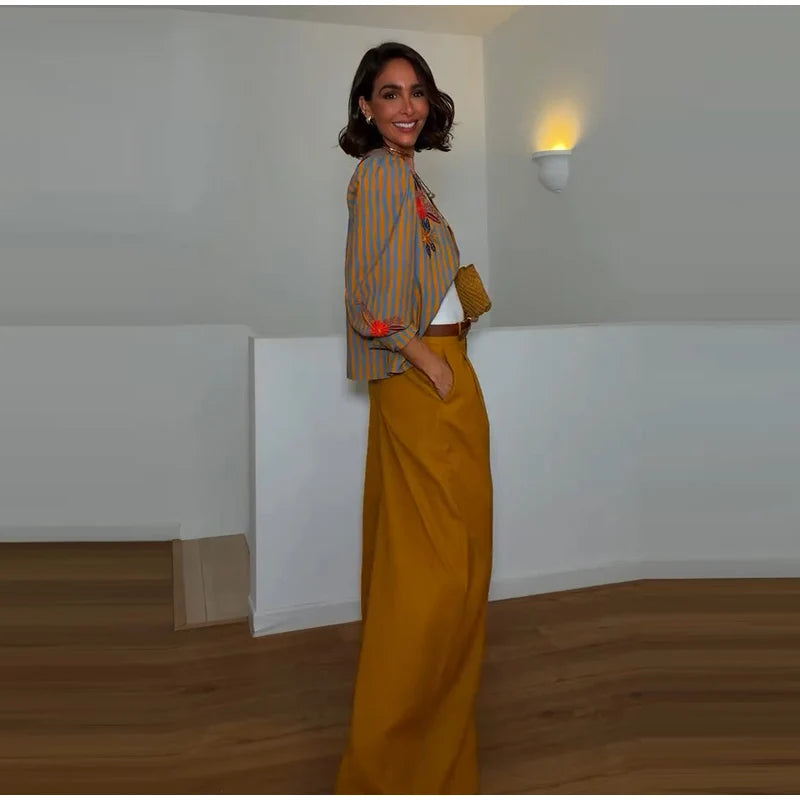 Elegant Striped Embroidered Open Stitch Jacket for Women