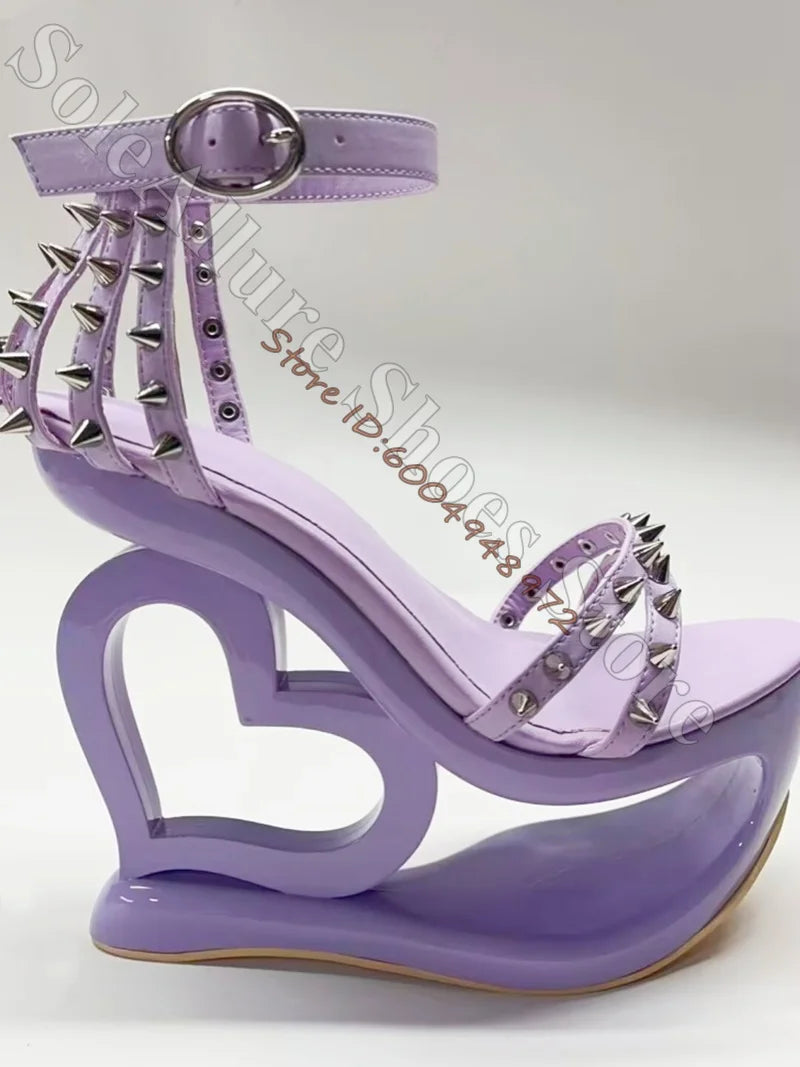 Glossy Patent Leather Spiked Heart Cage Wedge Sandals For Women