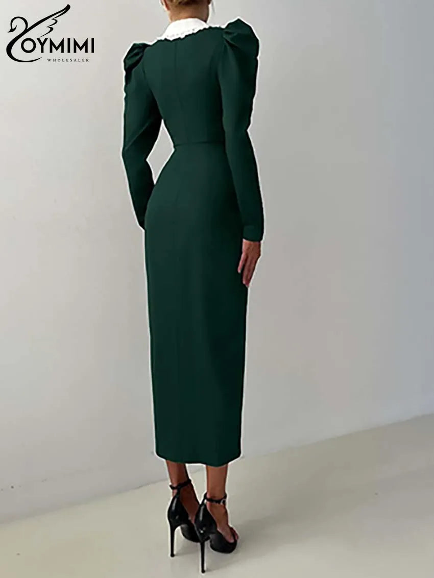 Oymimi Fashion Green Patchwork Womens Dresses Elegant Peter Pan Collar Long Sleeve Dresses Casual Slim Double Breasted Dress