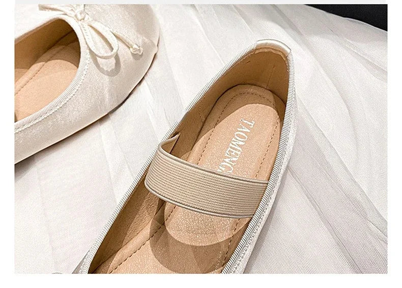 Round Toe Bow Satin Mary Jane Ballet Flats for Women