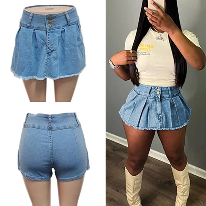 FAGADOER Y2k Denim Shorts Women Pleated Skirt Shorts Summer Stretchy Casual Shorts Retro 90s Fashion Streetwear Short Pants