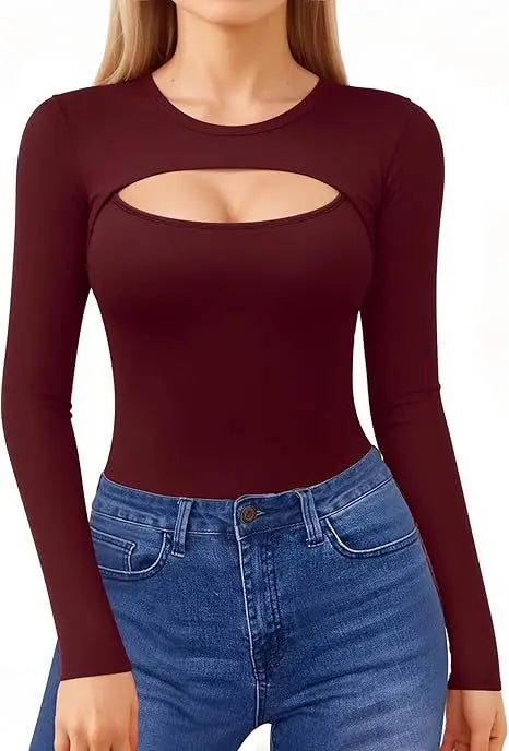 Seductive Tops Intricate Hollow Lacework T-Shirt Figure Hugging RoundNeck Blouse Classic Comfortable SolidColor Shirt