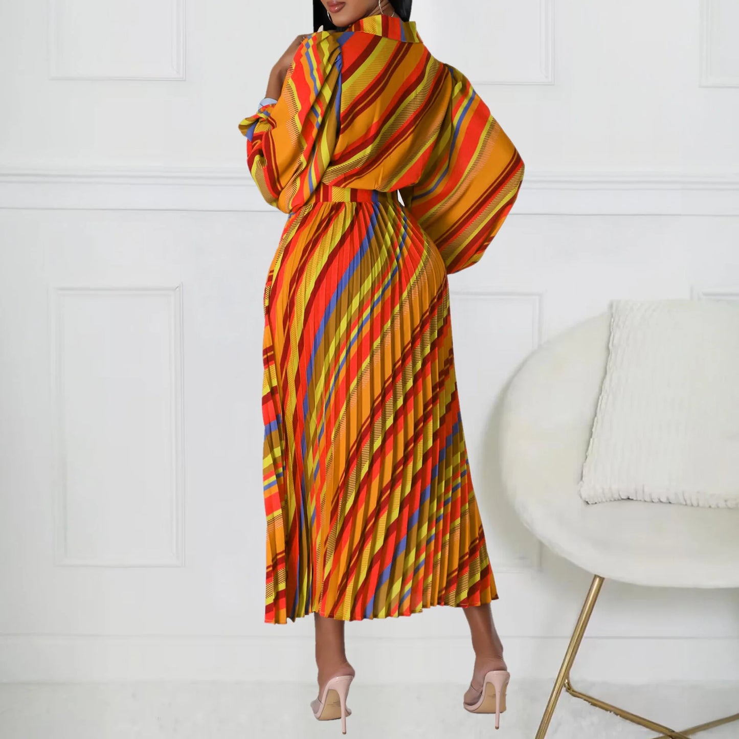 Elegant Office Dresses for Women Striped Printed V Neck Full Sleeve High Waisted Pleated Mid Calf Professional Work Dress Midi