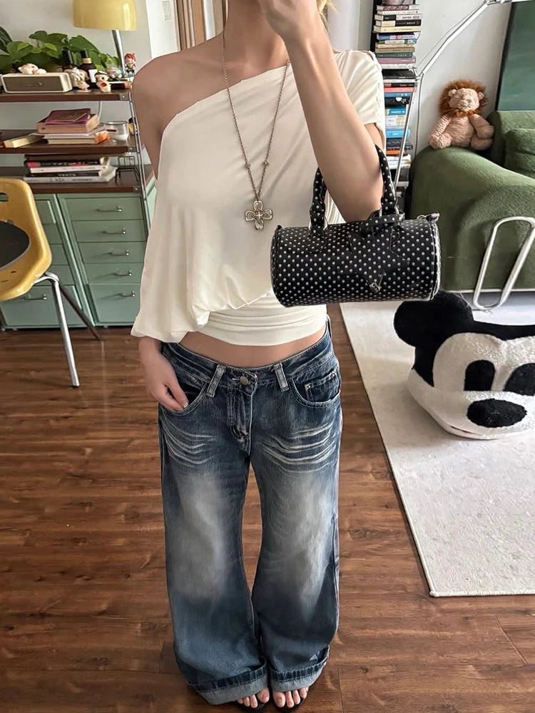 Off Shoulder Pleated Batwing Sleeve T Shirt for Women
