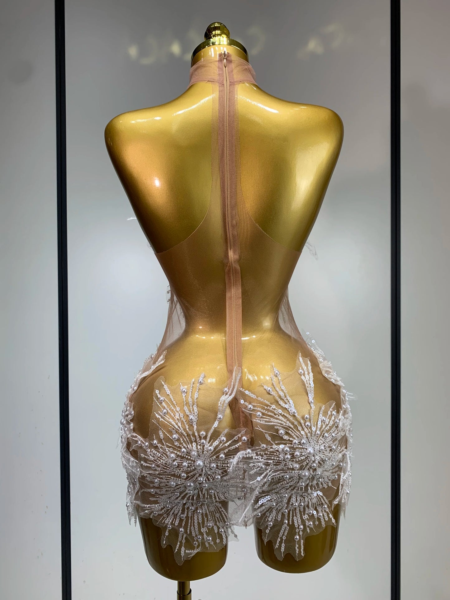 Women Sexy Mesh See Through Pearl Lace Party Mini Dress Celebrate Birthday Photo Shoot Wear Performance Stage Costume