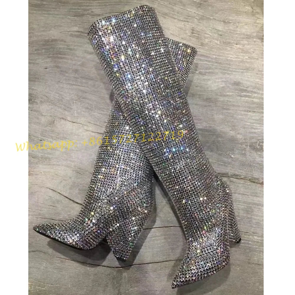 Elegant Crystal Pleated Knee High Wedge Boots for Women