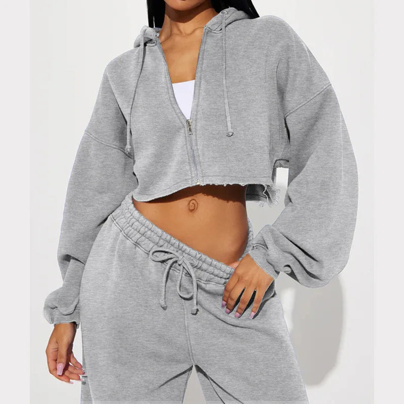 Hooded Cropped Sweatshirt And Long Pants Set for Women