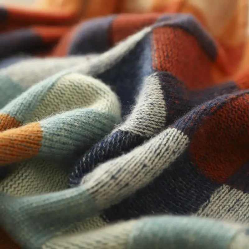 Cozy Thick Knit Turtleneck Sweater With Plaid Pattern For Women