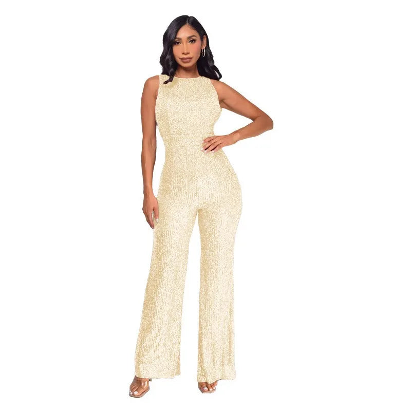 Glitter Sequin Round Neck Sleeveless High Waist Slim Fit Jumpsuit for Women