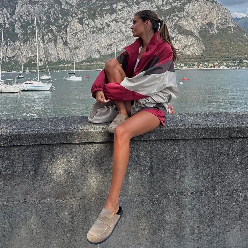 Contrast Color Zip Jacket and Shorts Two Piece Set for Women