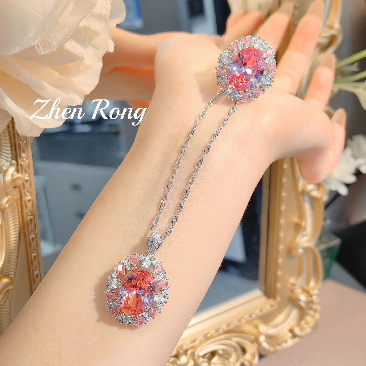 Romantic Pink Cubic Zirconia Necklace and Ring Set for Women