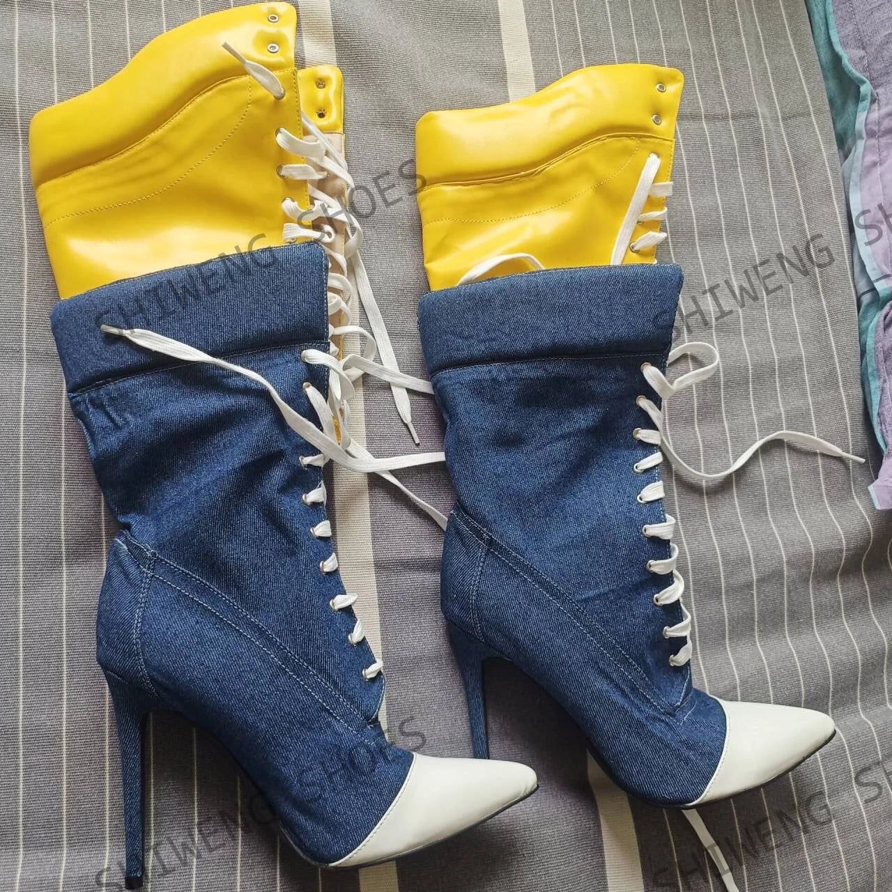 Patchwork Canvas Knee Boots