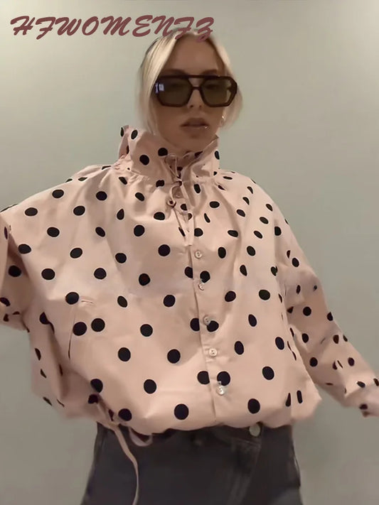 Polka Dot Lace Up Stand Collar Single Breasted Jacket for Women