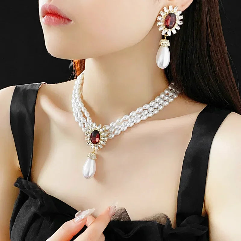 Simulated Pearl Necklace And Earring Set