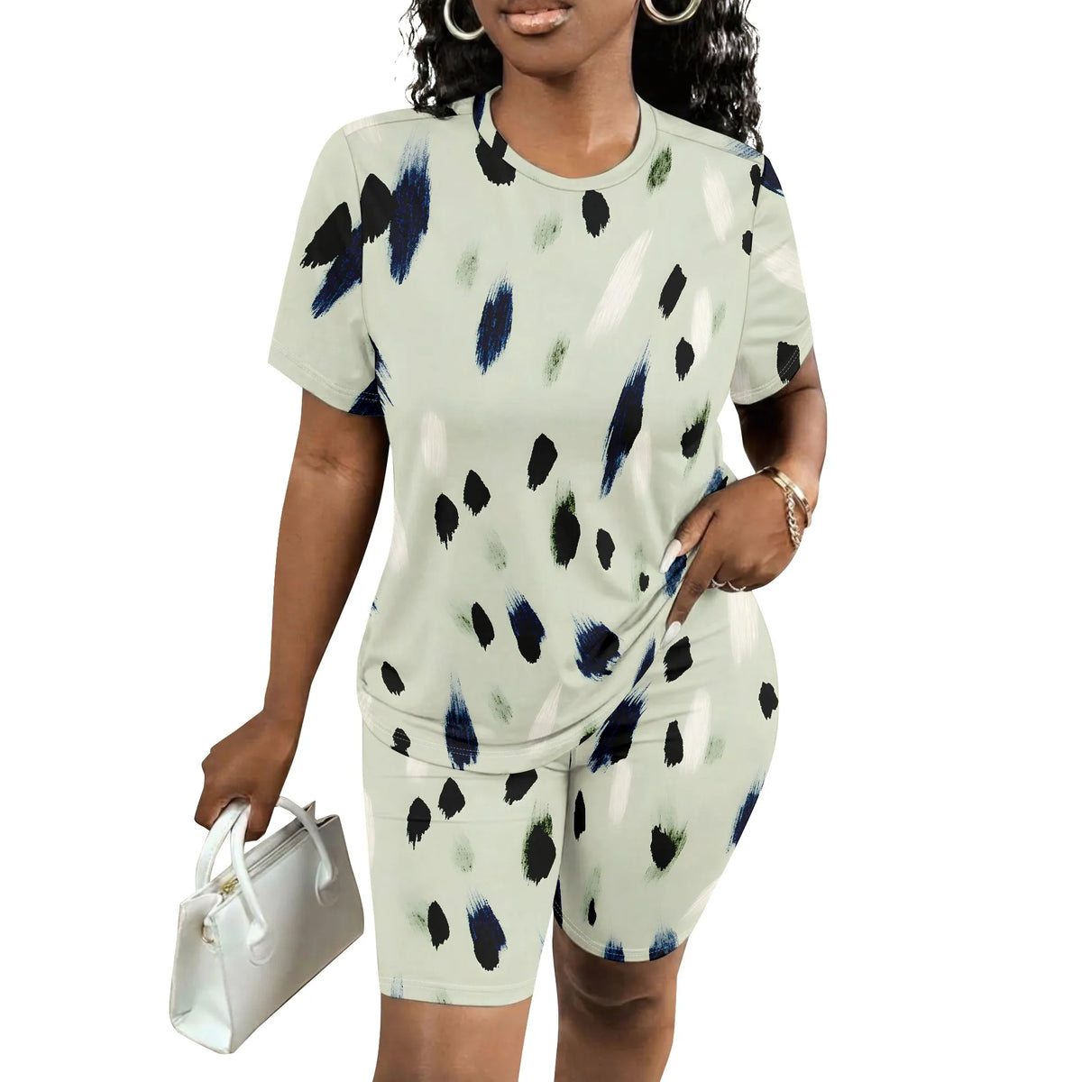 Polka Dot Short Sleeve Tee And Biker Shorts Set for Women