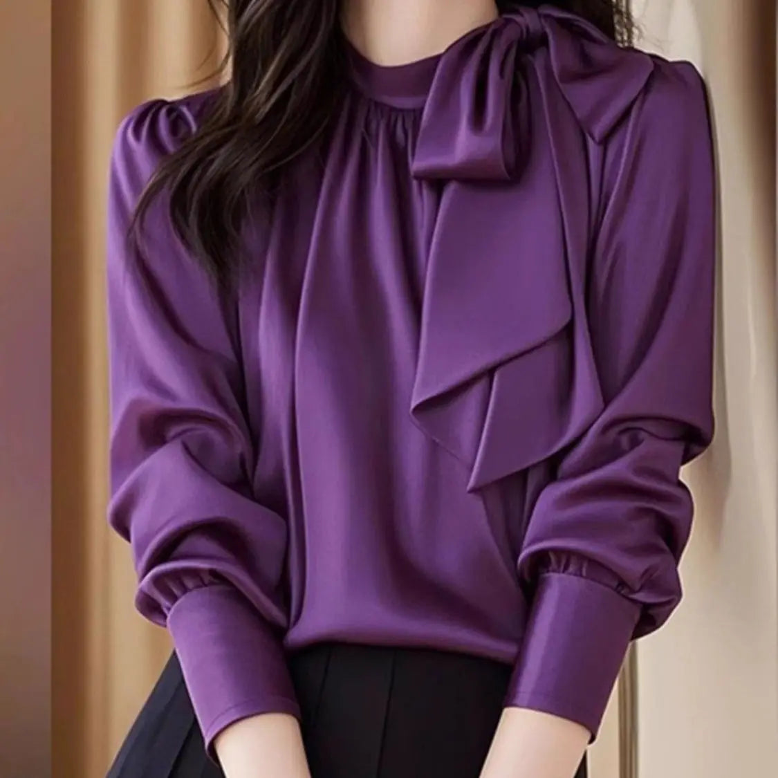 Elegant Purple Satin Blouse With Delicate Bow Accent For Women