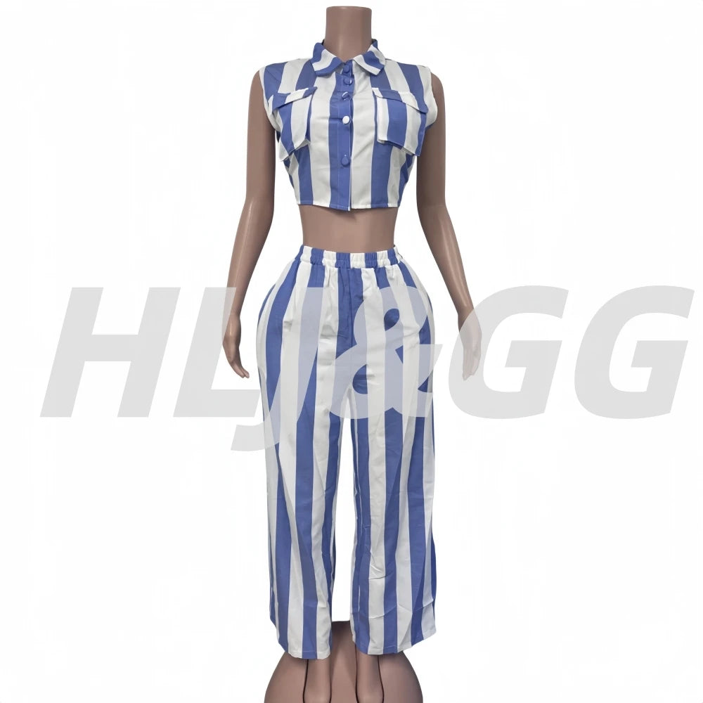 Striped Crop Top and Wide Leg Pants Two Piece Set for Women