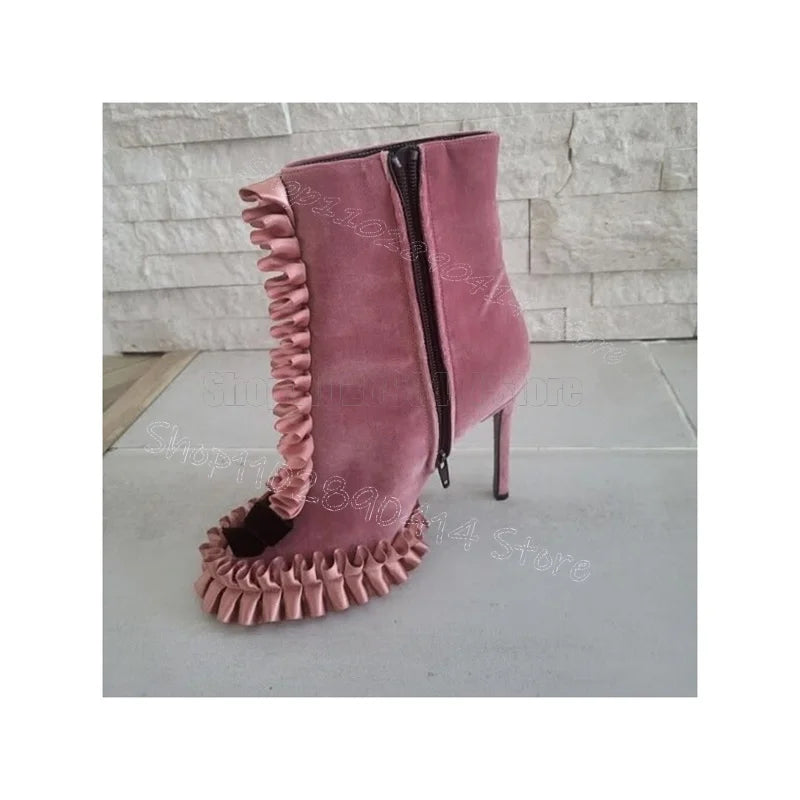 Dusty Pink Corduroy Ruffle Bow Side Zipper Boots for Women