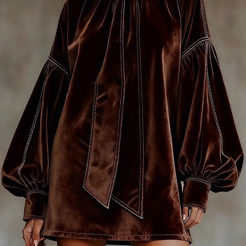 Retro Solid Soft Velvet Elegant Party Dresses Woman Sexy Bowknot Turtleneck Mini Dress Autumn Winter Lantern Sleeve A-Line Dress