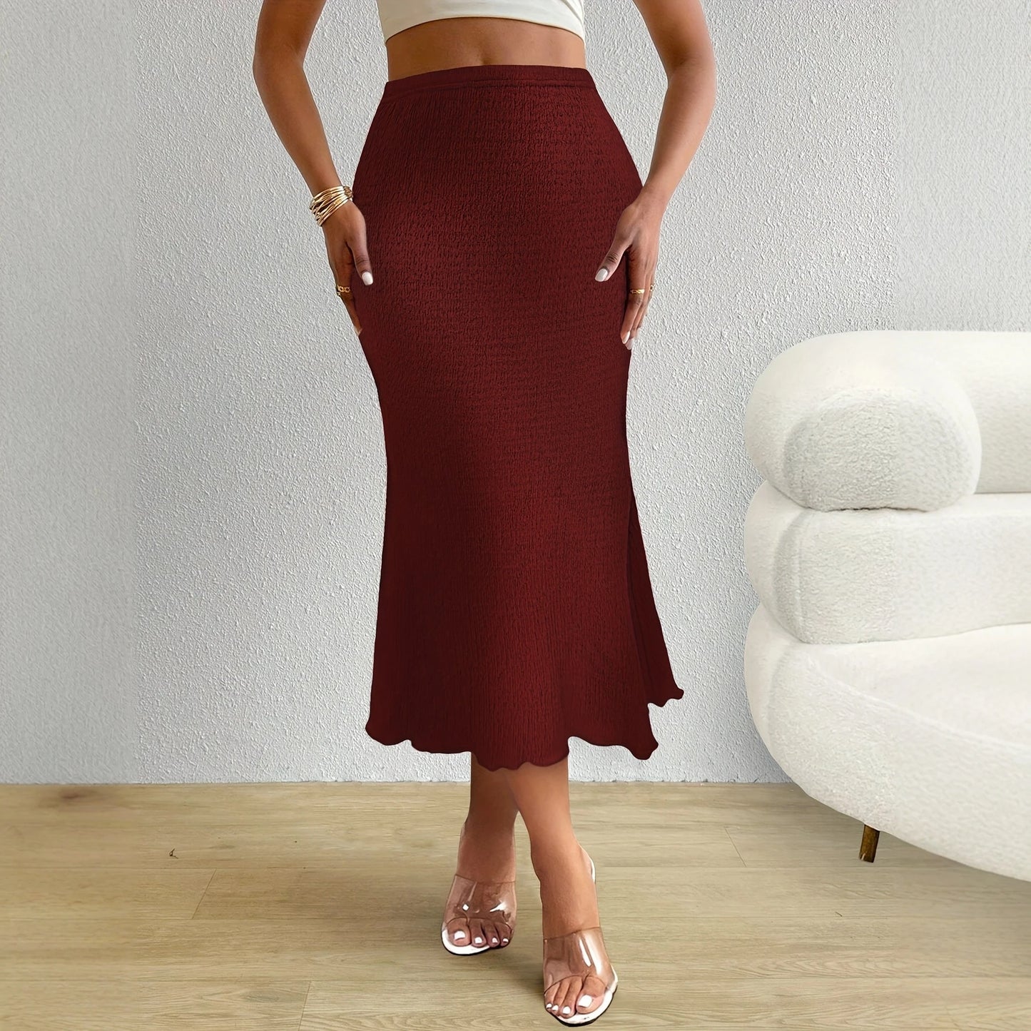 Women Black Smocked Midi Skirt High Waist Scalloped Hem Casual Pleated Skirt Summer Vacation Beach Holiday Outfit