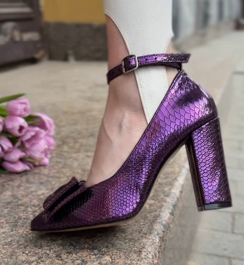 Oversized Bow Shimmery Violet Snake Pointed Toe Buckle Block Heels For Women