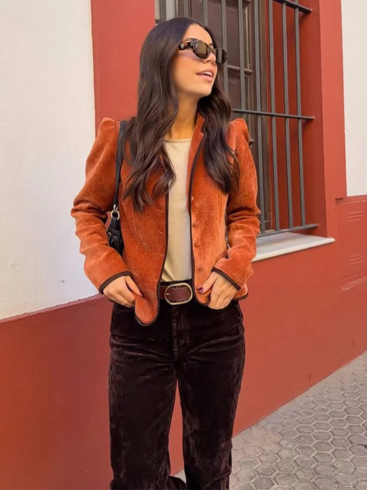 Slim Stand Collar Single-Breasted Short Jacket for Women