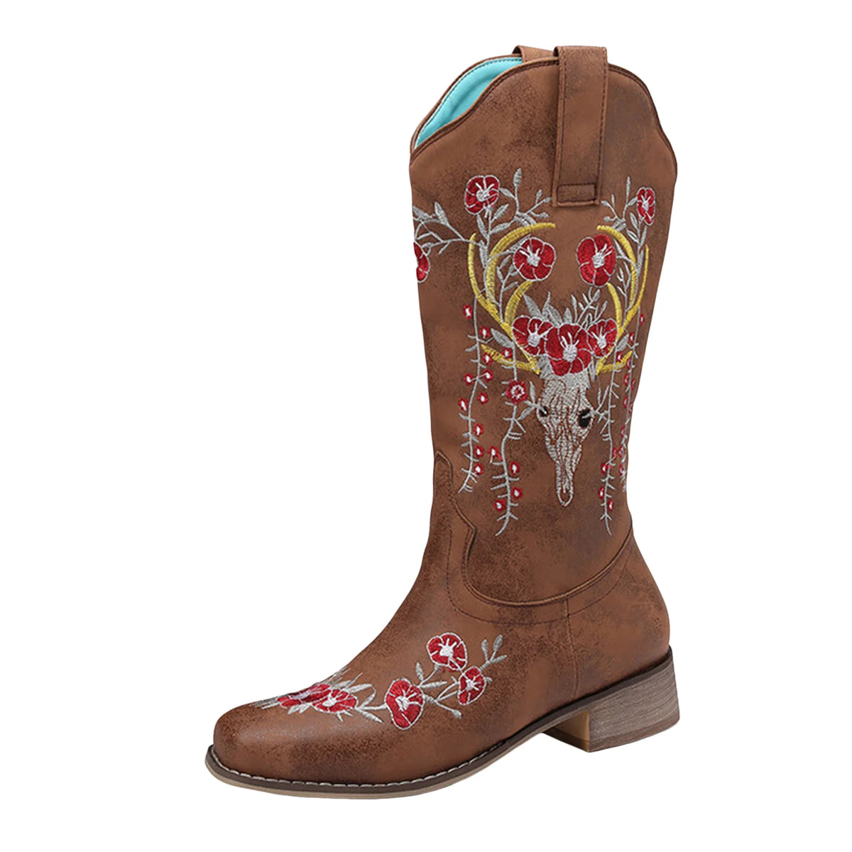 Floral Embroidered Mid-Calf Western Boots for Women