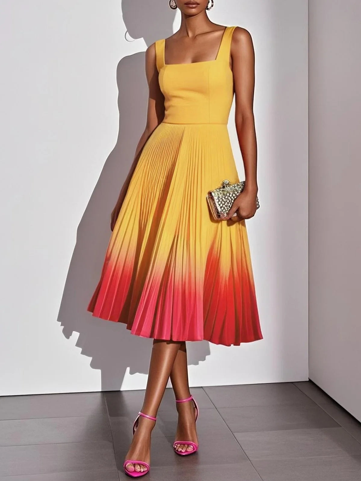 Sleeveless Gradient Print A Line Pleated Midi Dress for Women
