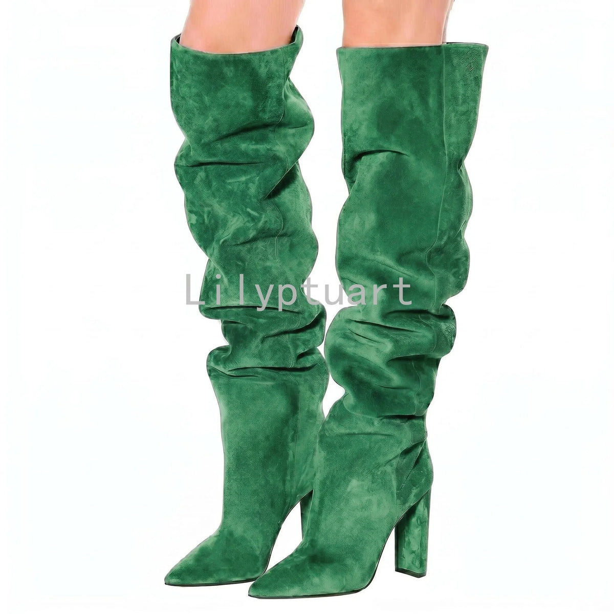 Beige Square Heel Slip-On Over-the-Knee Boots for Women